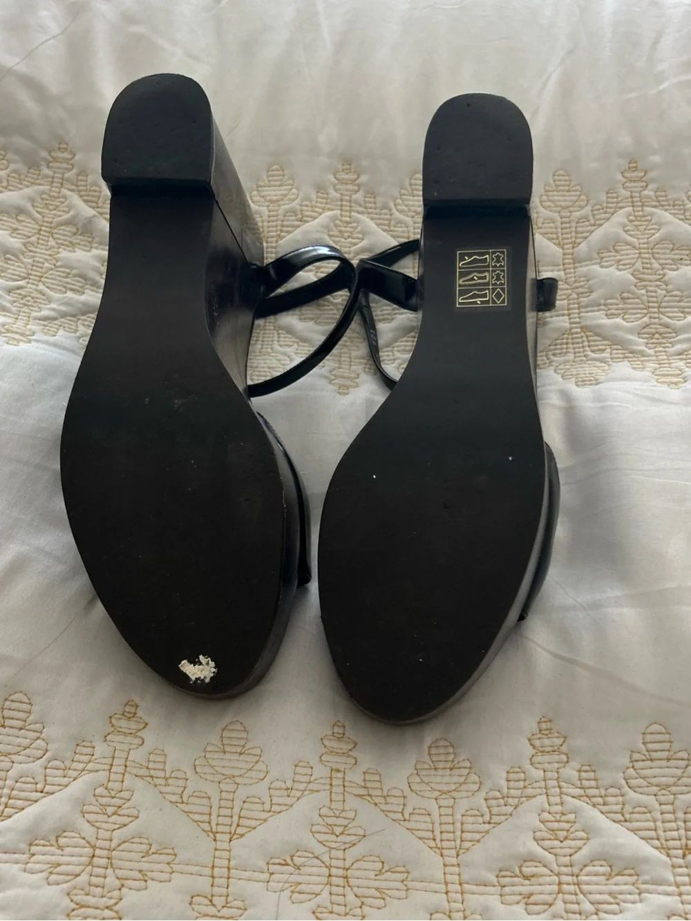 Gucci Black Patent Platform Wedge Sandals with Wood-Look Sole